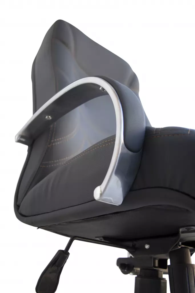 Close-up view of a modern leather office chair with curved metallic armrests and visible stitching, isolated on a white background.