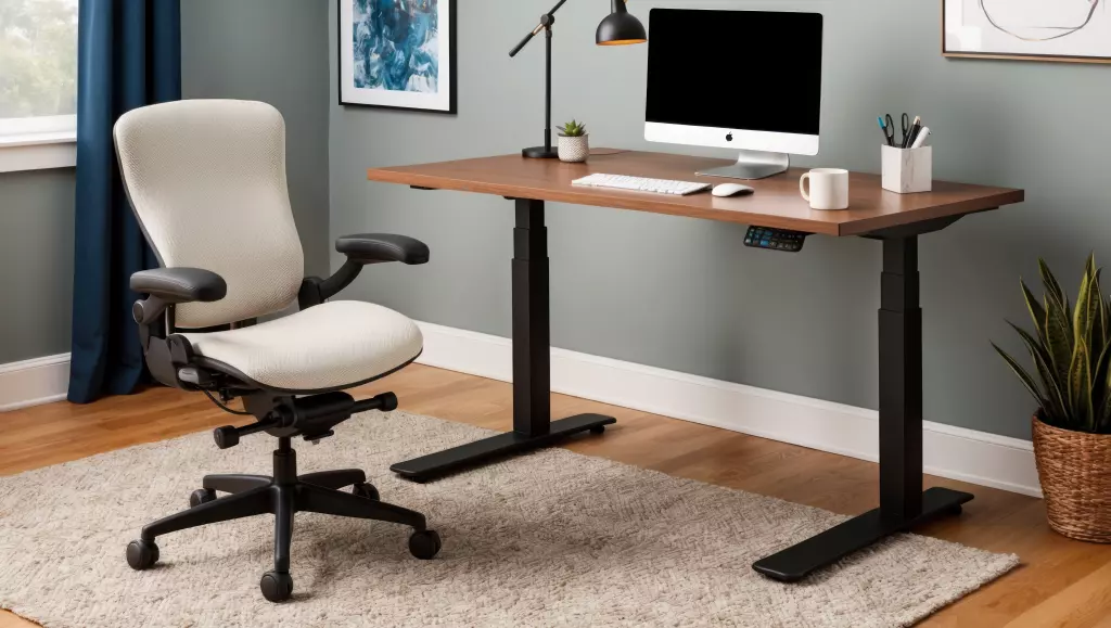 A modern home office setup featuring an ergonomic chair for back pain with a light-colored fabric seat next to a standing desk with a wooden top.