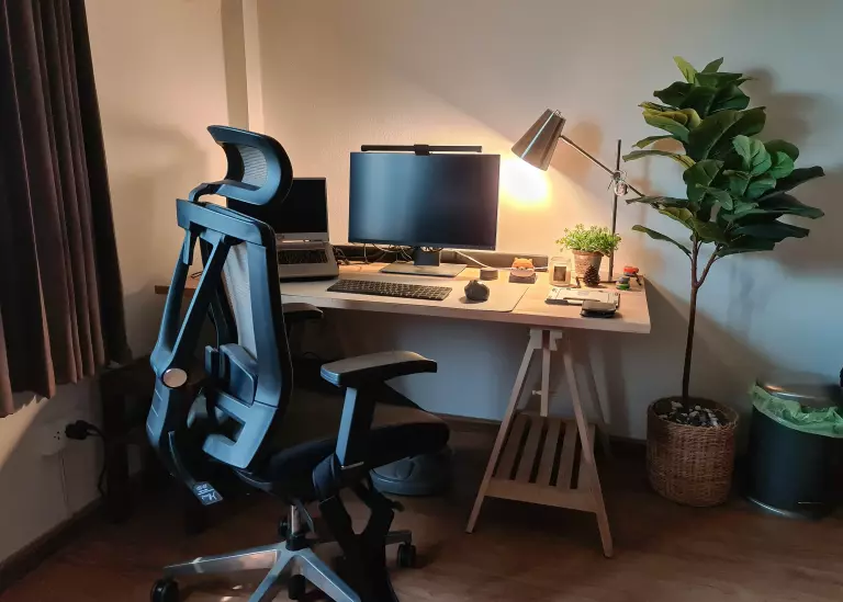 working corner with monitor laptop wooden desk ergonomic chair decorate object - Ergonomic Home Office Chair