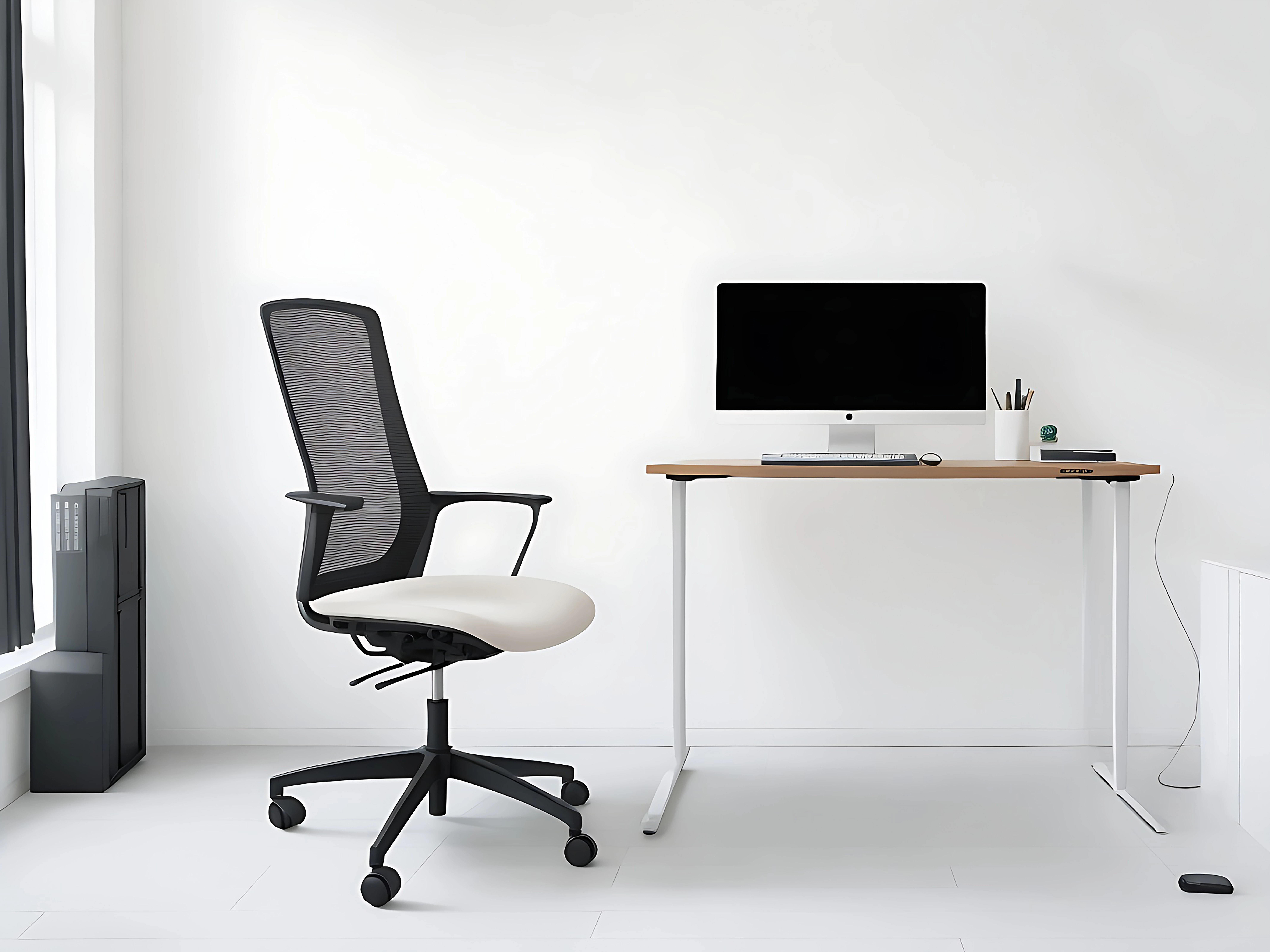 Minimalist home office with a table, some ornaments, and an ergonomic office chair.