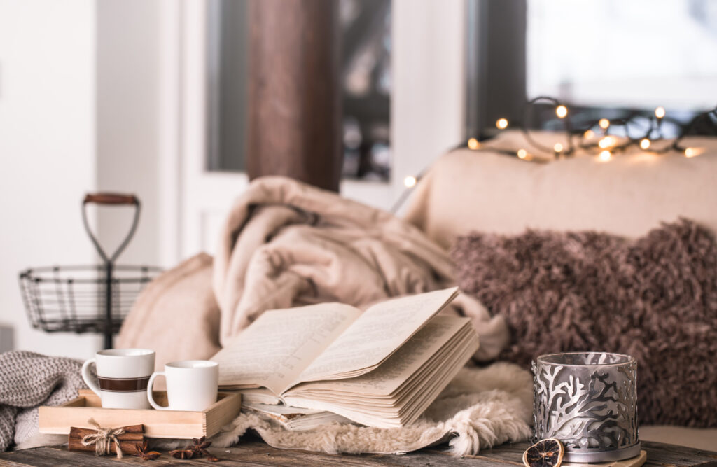 hygge living room and a book 