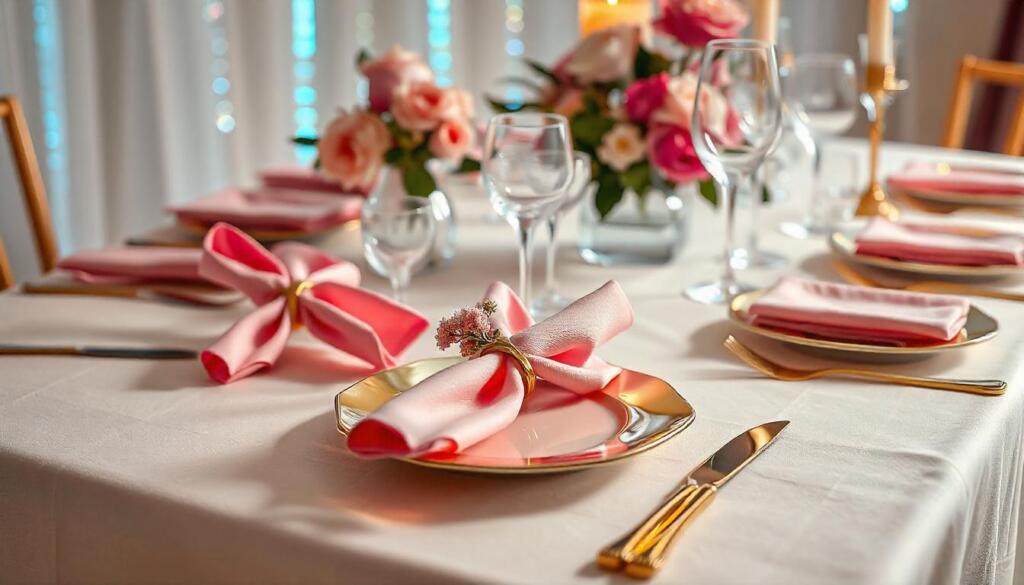 Elegant evening setup with golden ornament and pink napkins.
