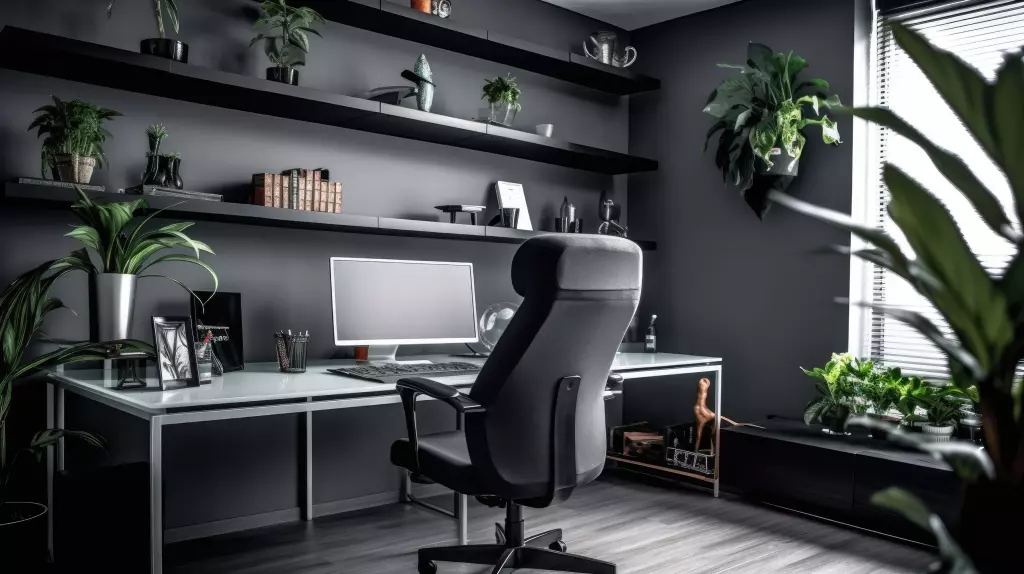 Home office setup with a monitor, some greenery, and an ergonomic home office chair.